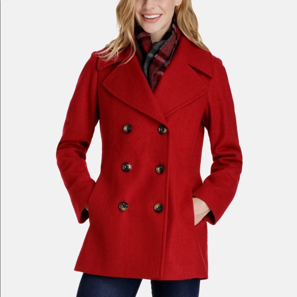 LONDON FOG WOOL PEA COAT WITH PLAID SCARF